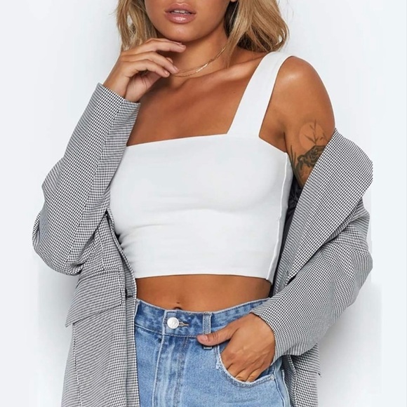 Women's Square Neck Sleeveless White Crop Tank Tops - Picture 1 of 5